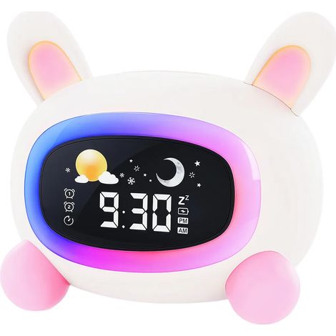 Réveil enfant lapin, aide au sommeil avec veilleuse LED, fonction snooze et minuteur, blanc (1/5)