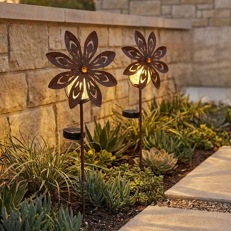 Gartendeko LED Solarlampe Windrad Terrassenlampe rostfarben Außenlampe Erdspieß, Metall gelb, Bruchglas, warmweiß, LxH 20x50 cm, 2er Set