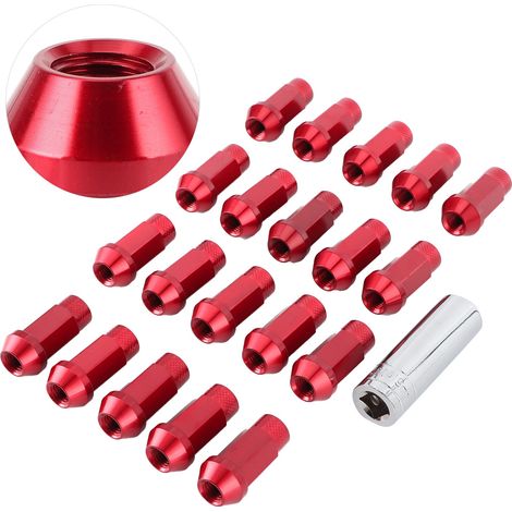 Écrous de roue 50mm M12x1.5 en alliage d'aluminium rouge, lot de 20 avec douille de montage, filetage universel, adaptation standard pour moyeux et jantes. (1/5)
