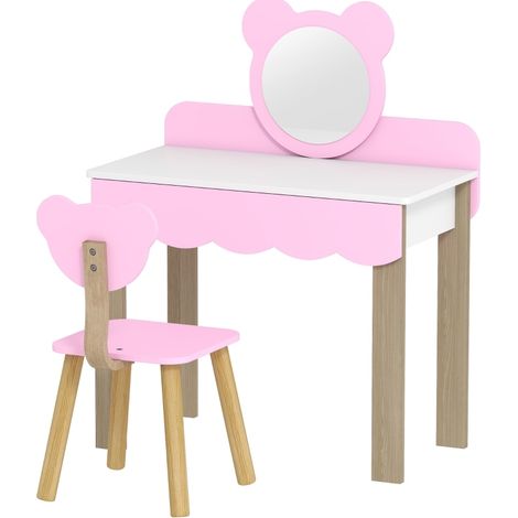 Ensemble Table de Coiffure et Tabouret pour Enfants avec Miroir Ours, MDF, Rose (1/5)