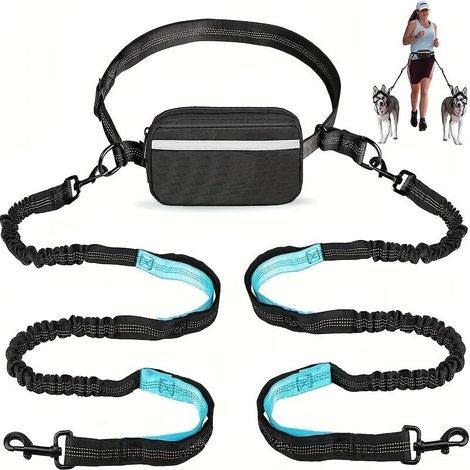 Laisse de course pour chien, réglable et portable, avec double poignée et cordon élastique rétractable – Design durable Noir et Cyan