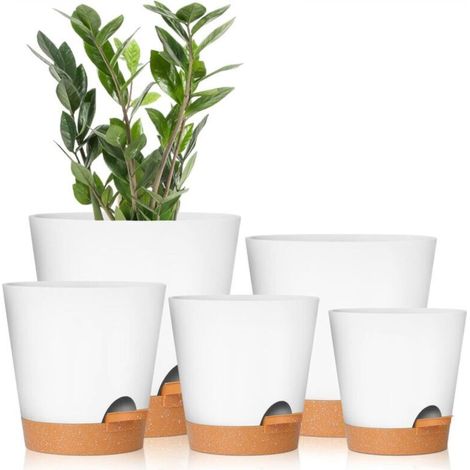 Set of 5 white self-watering flower pots, 7/6.5/6/5.5/5 inches, with drainage holes, plastic flower pots, suitable for all indoor plants (1/5)