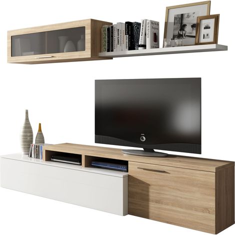 Parete Attrezzata Soggiorno Moderna Salotto con Mobile TV Modulo Sospeso Con Anta in Vetro Fumé E Mensola Stile Scandinavo Moderno 200 x 43 x 41 Cm Bianco e Rovere