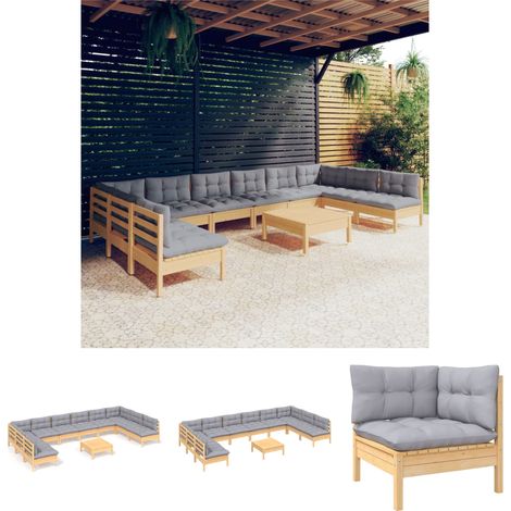YOUTHUP 11-tlg. Garten-Lounge-Set mit Grauen Kissen Kiefer Massivholz (1/5)