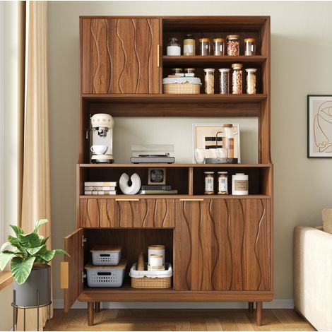 Credenza alta 100/32/170 cm color noce con ripiani aperti, ante e cassetto (1/5)