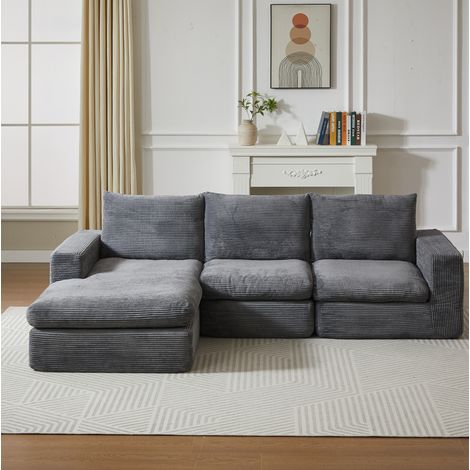 Sofá modular con chaise longue, 3 cojines, respaldo con cojín cervical, sin montaje, tejido de pana gris oscuro (1/5)