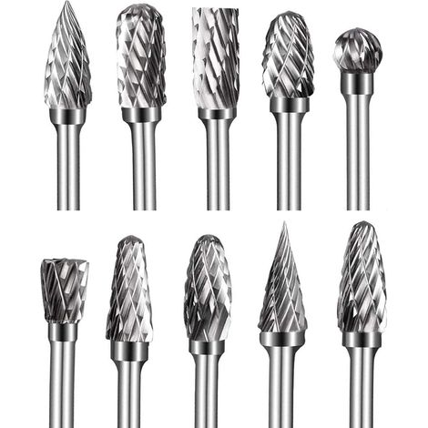 Fraises sur tige en Carbure de Tungstène à Double Coupe, 10 pièces Kit de fraises rotatives de 1/8” Tête d'affûtage de 6 mm pour Sculpture sur bois, Polissage métaux, Gravure, Perçage