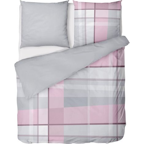 Parure de lit en flanelle 135 x 200 cm - Rose - 2 pièces - Housse de couette réversible 135 x 200 cm - À carreaux - Couleur unie - 100 % coton (1/5)