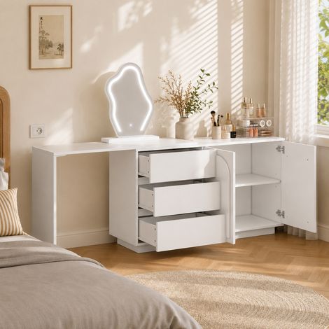 Coiffeuse avec miroir LED 3 couleurs, plateau extensible, 3 tiroirs et 2 rangements fermés, table maquillage multifonction blanche 140x40x75 cm (1/5)