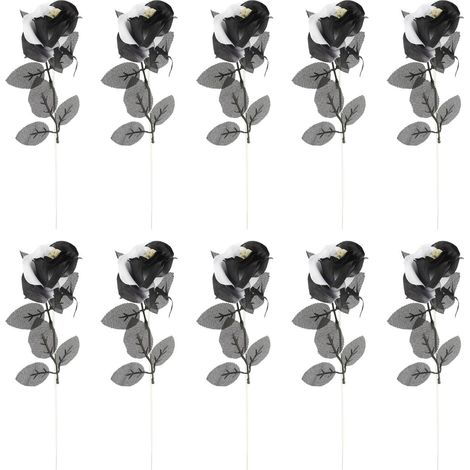 Set of 10 Artificial Black Roses with Decorative Skull, Made of Polyester and Plastic, Halloween Decoration for Haunted House or Room, Spooky Atmosphere (1/5)