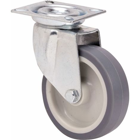 Rotella girevole in gomma con piastra e asse liscio, grigia, max. carico 50 kg, ø 6 cm