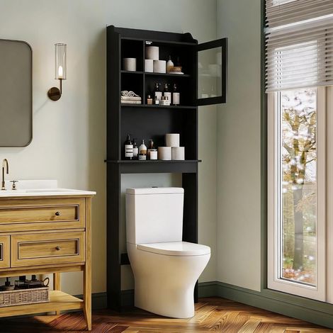 Meuble WC avec Porte Vitrée, Étagère Réglable et Rangement Gain de Place, Noir (1/5)