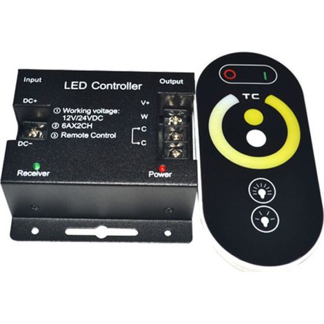 Color touchscreen, 6 buttons, metal casing, stepless brightness and color adjustment, LED color temperature controller, circular touch controls, FCC