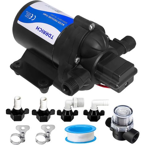 Pompe à eau 12 V compatible avec les camping-cars, les fourgons aménagés et les bateaux débit 4 GPM pression 45 PSI auto-amorçante kit inclus. (1/5)