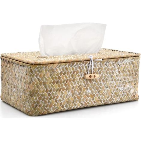 Caja de pañuelos de junco，Diseño rectangular，decoración para el hogar，Soporte decorativo blanco para pañuelos (26 x 16 x 10 cm) (1/5)