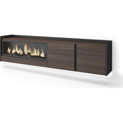 Mueble TV Sayalonga-01 de 212x50x35 cm con chimenea eléctrica y luces LED, suspendido, color roble oscuro y negro (1/4)