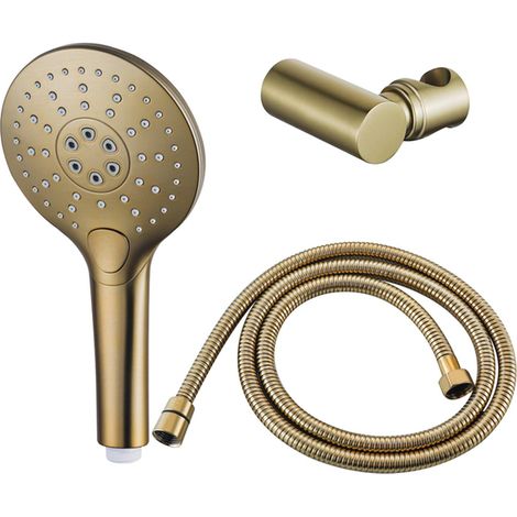 FugaFlow Eccelente Ensemble douchette à main - Ø12 - rond - 3 types de jets - avec support - avec flexible anti-torsion - 150cm - Laiton brossé PVD
