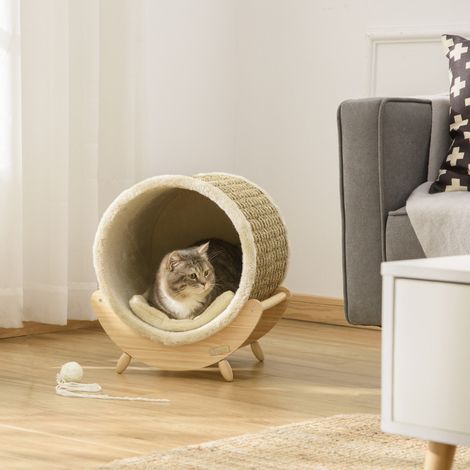 Cuccia per gatti 38x38x43 cm, con tiragraffi integrato e cuscino, design rialzato, legno khaki (1/5)