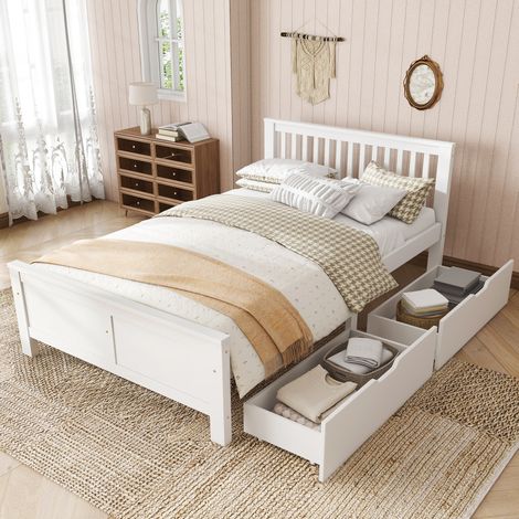 lit adulte double rangement 140x200 bois massif blanc OKMYHOME (1/5)