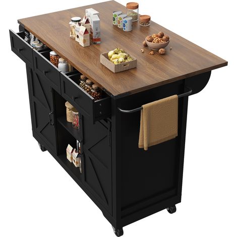 Carrello da Cucina con 3 Cassetti e 3 Vani con Ante Scorrevoli e Piano Ribaltabile su Ruote, in MDF, Nero (1/5)