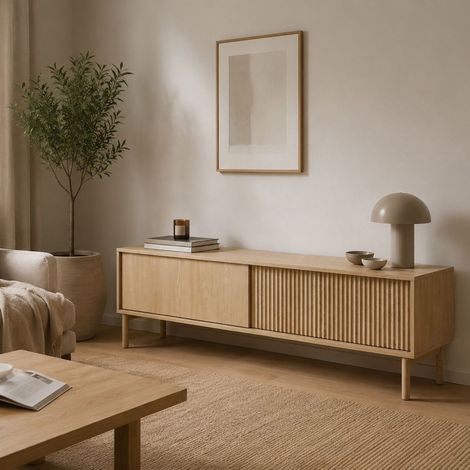 Mueble para TV Kami, 2 estantes, 2 puertas, puertas efecto rayado, 154x40x52h cm, color roble marrón (1/5)