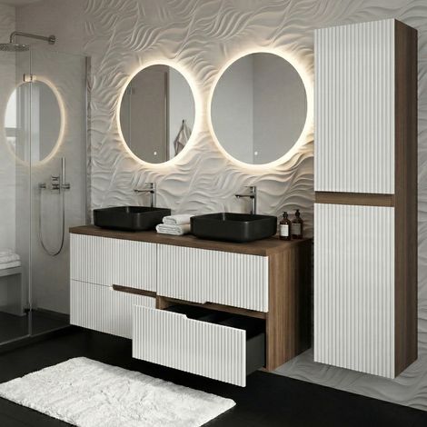 Ensemble meuble double vasque à poser L. 120 cm + 1 colonne Chêne Moka 4 tiroirs Blanc brillant cannelé EVA (1/5)