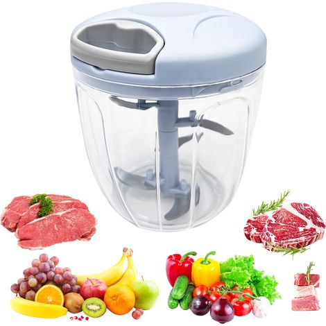 Mini robot de cuisine manuel Hachoir 900 ml avec cordon d'alimentation, mixeur 5 lames en acier inoxydable, couple de 0 g, Hachoir Legume, émetteur (bleu) (1/5)