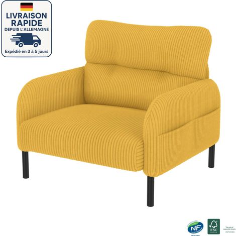 Canapé en Velours - Profondeur d'assise confortable - Poches latérales de chaque côté des accoudoirs - Construction solide - scandinave - Bois Certifié PEFC - 1 siège - Jaune (1/5)