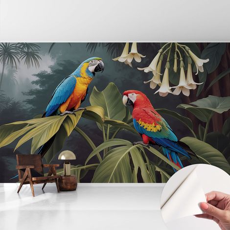 Selbstklebende Tapete modern Wohnzimmer - Wanddeko Schlafzimmer - Tapete mit Motiv Bunte Papageien 416x254 cm (1/5)