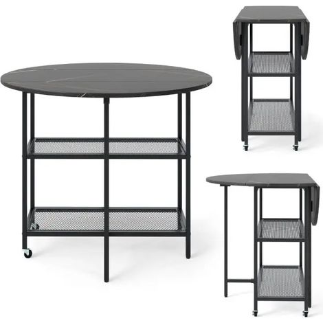 Table à manger ronde noire avec plateau rabattable effet marbre, étagères et roulettes verrouillables pour cuisine et salon (1/5)