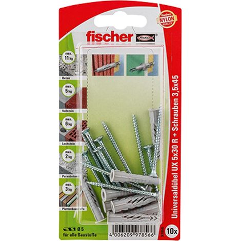 Fischer 10x Cheville Universelle UX 5x30 R S avec collerette et vis - 97856