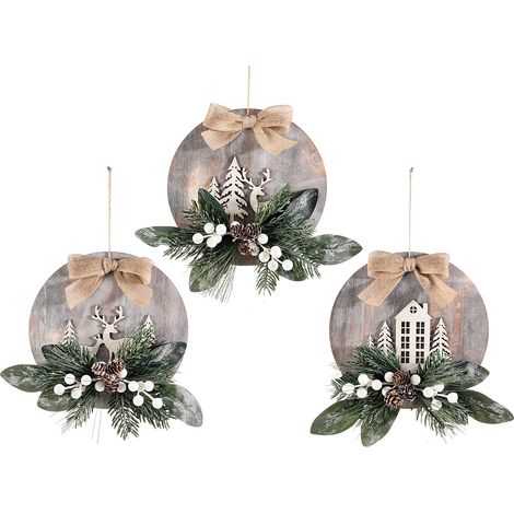 Decorazioni natalizie da parete con base in legno rotonda, applicazioni di renne, alberi e casette bianche, set da 3 pezzi, Ø 22 cm
