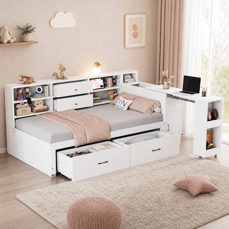 Cama individual 90x200 cm de madera blanca con almacenaje para niños, sin colchón - MEUBLIV (1/5)