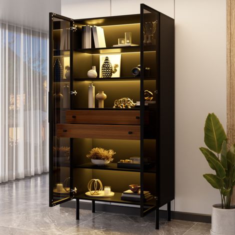 Vitrina 70x36x170 cm con LED controlado por aplicación, 2 puertas de cristal, 2 cajones, MDF negro para salón (1/5)
