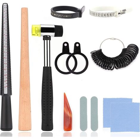 Ensemble d'Outils De Calibrage De Bague De Bijoux 11 Pièces, Mandrin De Bague, Calibreur De Bague, Outil De Réparation De Bague, Marteau en Caoutchouc, Jauge De Calibrage De Bague en Plastique (1/5)