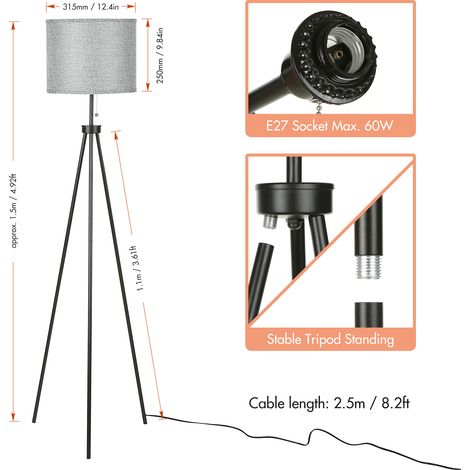 Lampadaire trépied avec interrupteur à traction, Design moderne, luminaire sur pied avec abat-jour en lin, pour salon, chambre à coucher, bureau d'étude (1/5)