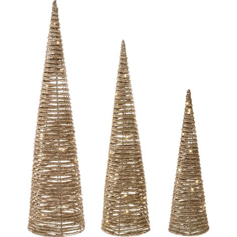 Decoraciones de Navidad LED de interior conjunto de 3 árboles de Navidad iluminado material sintético dorado Tuelso