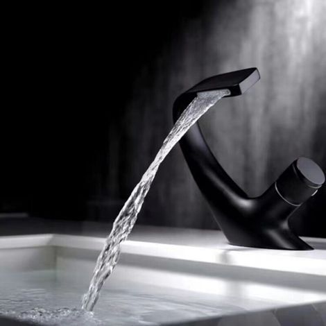 Grifo de lavabo negro - Mezclador de baño - Grifo cascada para lavamanos sólido - Grifería de alta calidad (Negro) A (1/3)