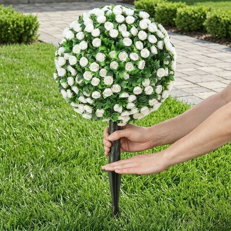 Bolas de rosas artificiales 55 cm blancas, juego de 2 con estaca (1/5)