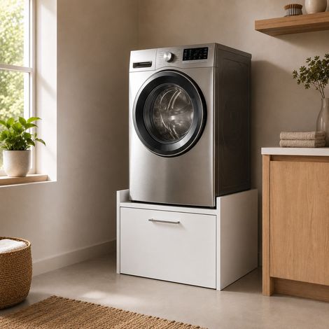 The White Stone Élève-Lave-linge avec Tiroir déjà Monté - Support Machine à Laver Universel Surélevé - Socle Lave-linge et Sèche-linge - Base Stable Anti-Vibrations Blanche (1/5)