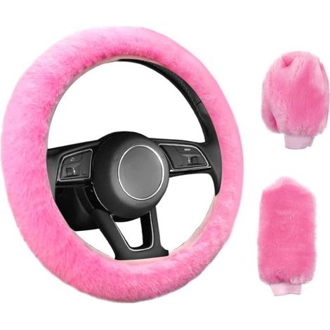 3 Pièces Couverture de Volant de Voiture Anti-Dérapant Élastique Housse de Volant Universelle de Voiture en Peluche Rose avec Housse Frein à Main et Boîte Vitesses (38cm) (1/5)