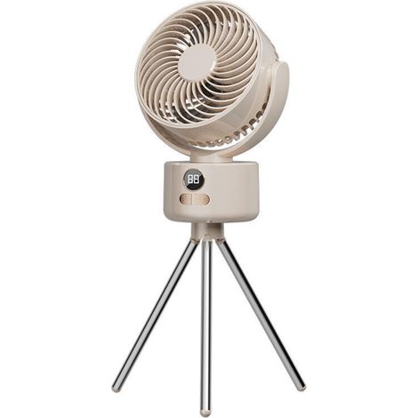 Ventilador de camping, con ajuste multidireccional, pantalla digital de temperatura y 3 velocidades de ventilación, color blanco, con soporte. (1/5)