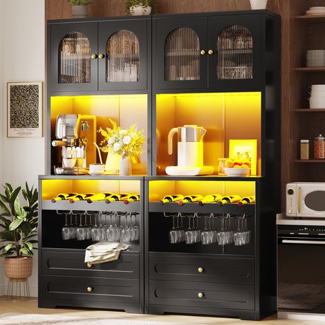 Armario alto 140x40x180 cm, puertas de cristal curvadas con LED por app, estantes ajustables y botellero, MDF negro (1/5)