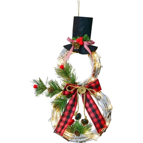 Beleuchteter Weihnachtskranz - 40 x 20 cm Weinrebenkranz mit Schneemannmütze und Schleife zur Dekoration der Haustürwand (rote Schleife)