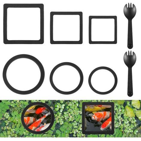 Lot de 6 anneaux pour nourriture pour poissons - Barrière flottante pour plantes d'aquarium en EVA noir, accessoires pour mini-aquarium à poissons betta, support pour plantes flottantes (3 ronds + 3 c (1/5)