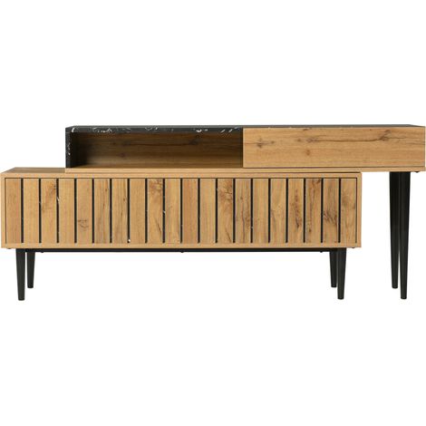 Mobile TV moderno estensibile 129-200 cm, effetto marmo e venatura legno, MDF e gambe in ferro (1/5)