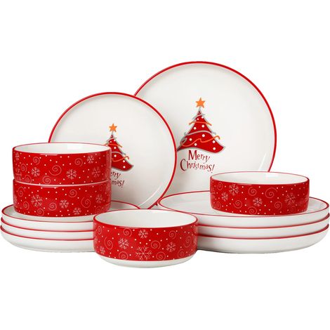 Juego de vajilla navideña, diseño de árbol festivo, material cerámico duradero, 12 piezas, diseño de árbol, 1 juego (1/2)