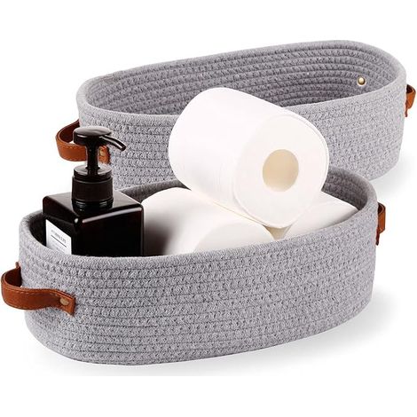 2 Paniers tressés petits en corde de coton, Panier à papier toilette, Panier de rangement pour la salle de bain avec poignées, 13×5,9×4 po, couleur grise (1/4)