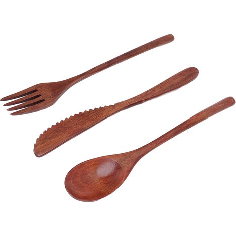 Tragbares, kratzfestes Holzbesteckset mit Löffel, Gabel und Messer sowie Behälter für Desserts, Salate und Nudeln (1/5)
