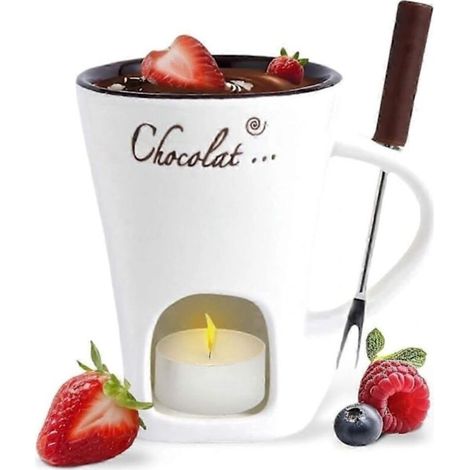 Mug à fondue au chocolat, tasse à café, mug à fondre le chocolat avec fourchette, chauffe-fondue, mug à bonbons, blanc (1/5)